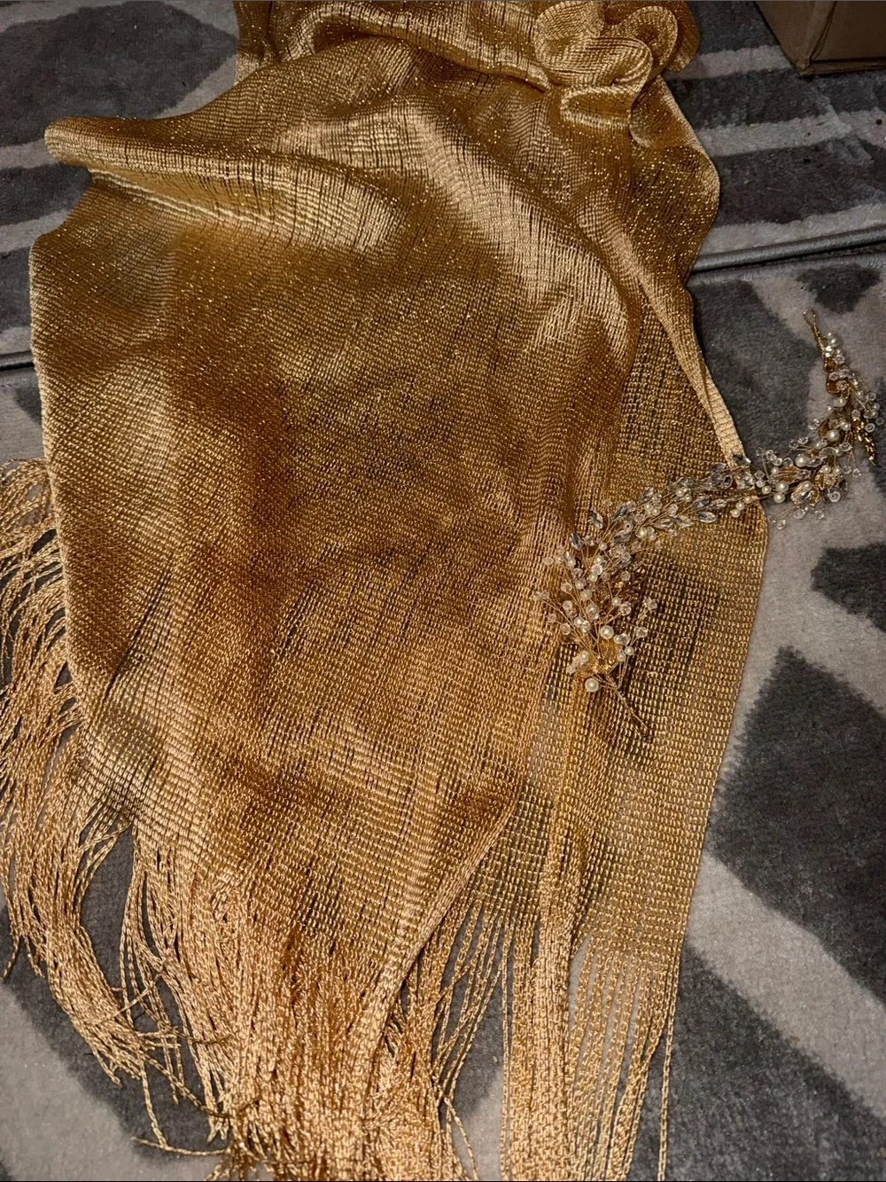 Gold metallic fringe shawl & gold & rhinestone headband/brooch bundle